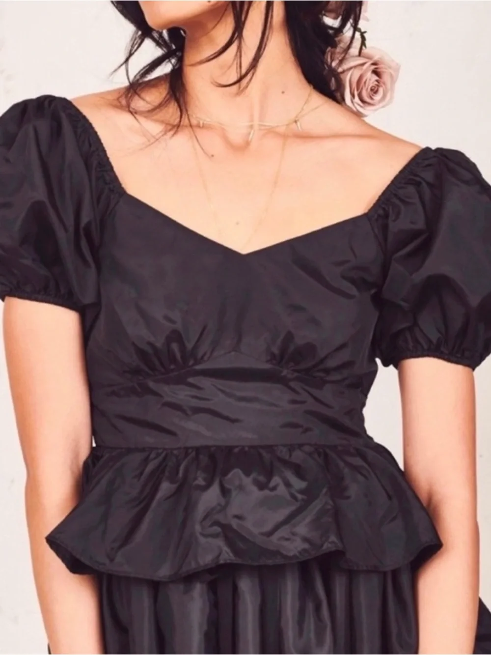 LOVESHACKFANCY Black Puff-Sleeve Peplum Top
